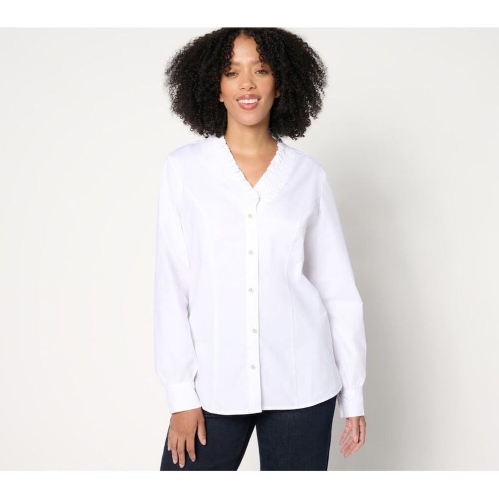 Denim&Co Crisp White Button-Down Blouse